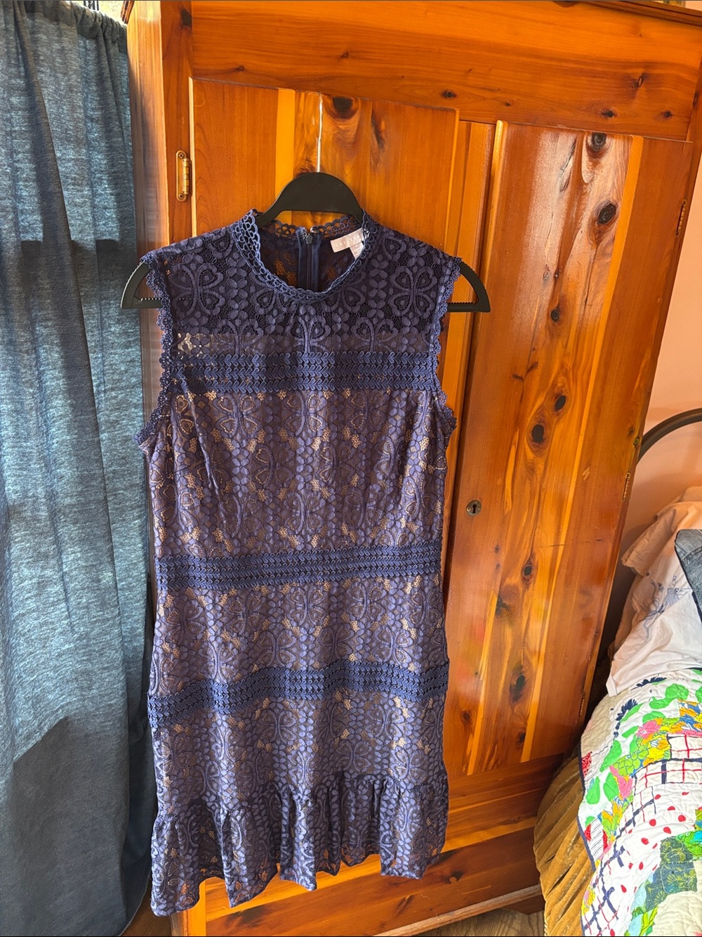 Chelsea28 Navy Floral Lace Midi Dress with Ruffle Hem